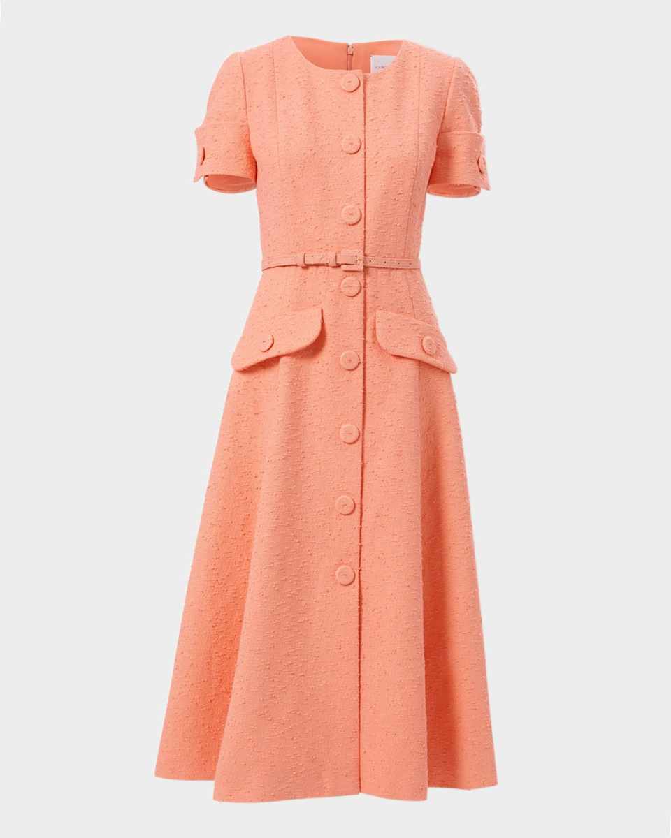 Short-Sleeve Button-Front Boucle Midi Dress With Belt